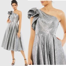 Mac Duggal 67906 Silver 8 One Shoulder Brocade Bow Midi Dress Evening Metallic
