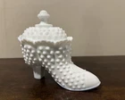 Vintage Fenton Hobnail Milk Glass Boot/Shor Covered Candy Vanity Trinket Box