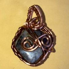 Artisan Handcrafted Wire Wrapped Copper Pendant Square Blue Gray Stone Charm