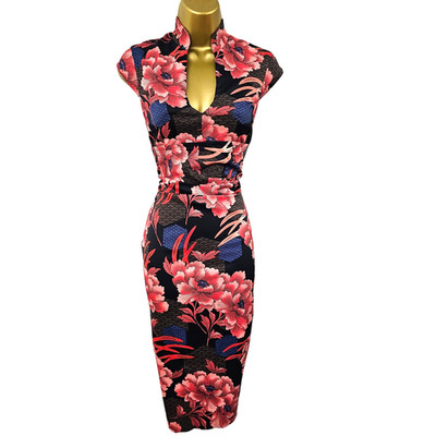 Karen Millen 12 UK Vintage schwarz rot Satin orientalisch Blumen Cocktail Bleistiftkleid