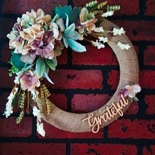 Handmade Floral Burlap Hydrangea Wreath w/ "Grateful" wreath 18 in Beige
