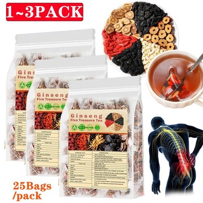1~3X Ginseng Five Treasure Tea - Kidney Support, Red Date Herbal Blend 25 Bags