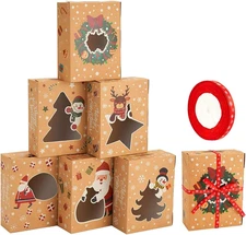 Christmas Cookie Boxes,Kraft Treat Box with Window Ribbons for Bakery Candy Gift