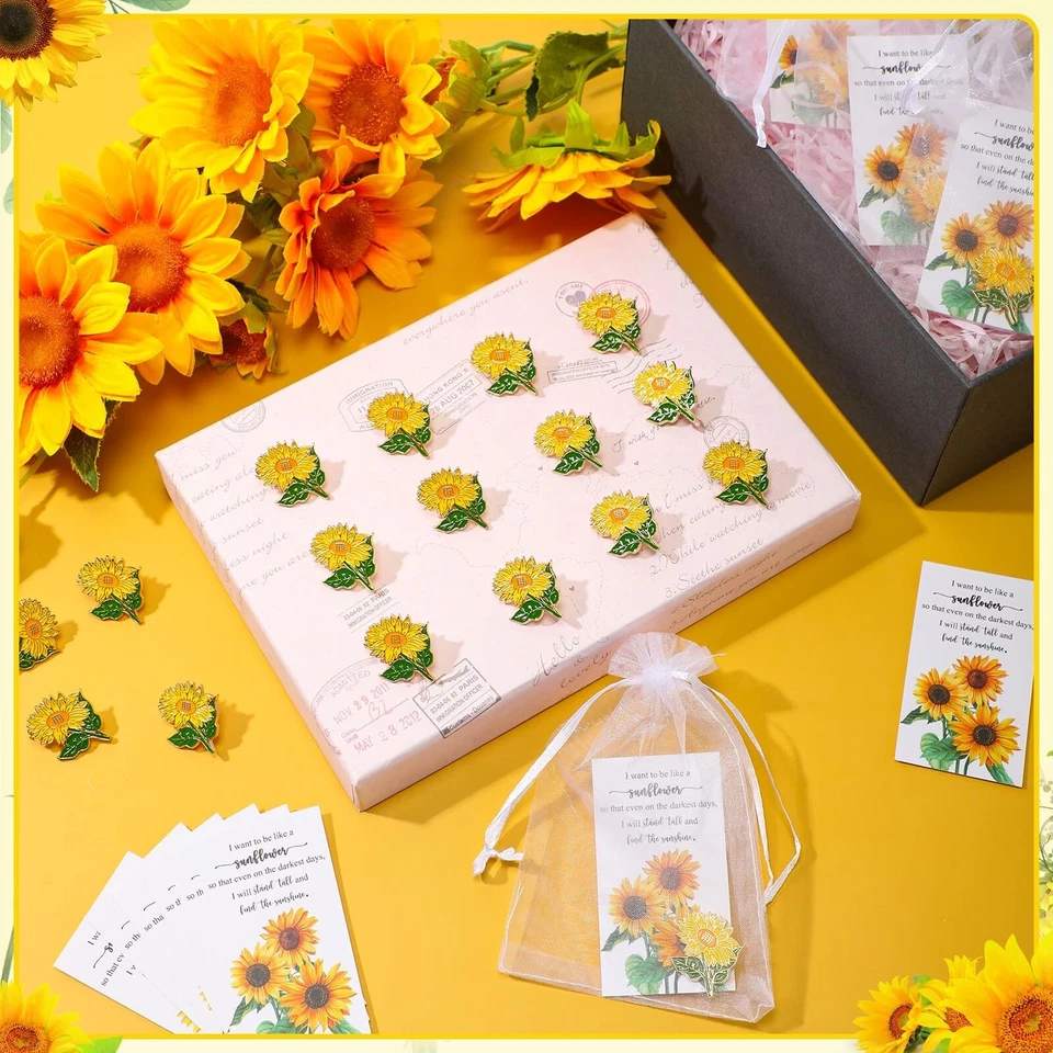 Gold Yellow Sunflower Brooch Pins with Sunflower Thank You Cards and Mesh Dra... - Image 3 of 4