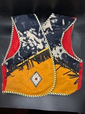 Vintage , Childs cowboy vest, leather , cow pattern, fringe, decorations