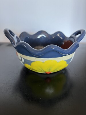 Mexican Pottery Salsa Dip Bowl With Handles Blue Hand Painted Floral 5 x 2.5 