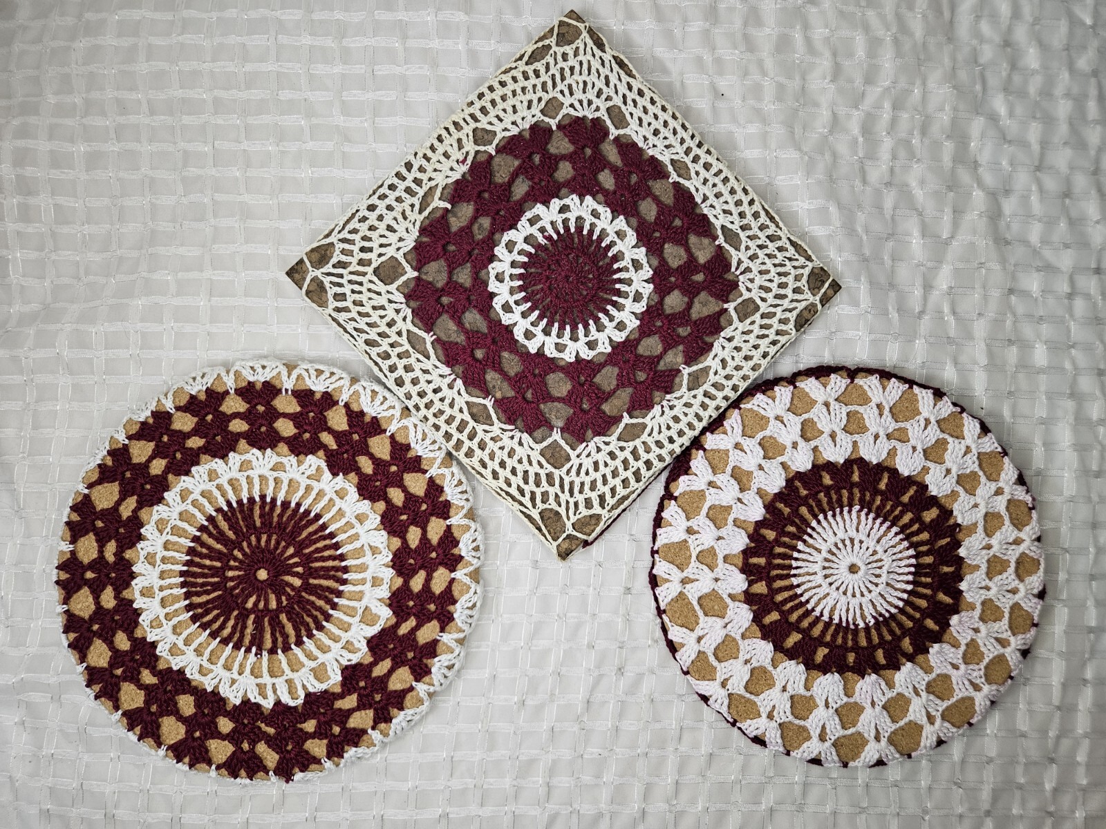 Homemade Trivets, Vintage Crochet Trivets, Crochet Covered Corkboard