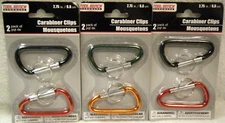 TOOL BENCH HARDWARE -3 PACKS OF 2 CARABINER CLIPS/KEYCHAIN - ASSORTED COLORS