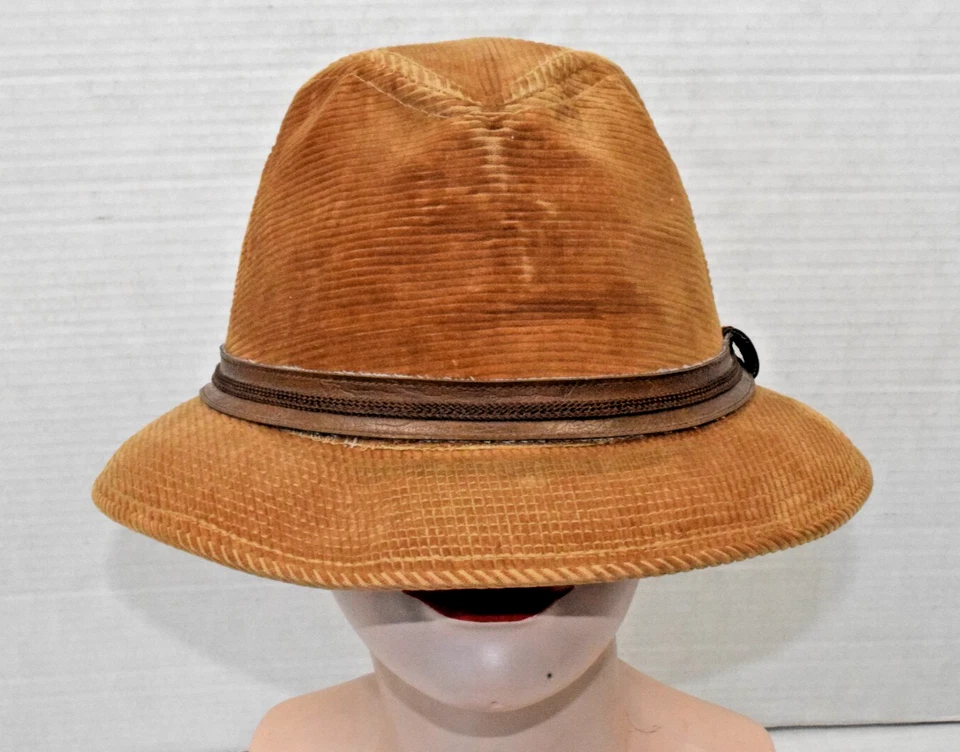 Sombrero Fedora Pana Vintage Años 70 Dorado Beige Unión Hecho en EE. UU. Ligera angustia Foto 4 de 4