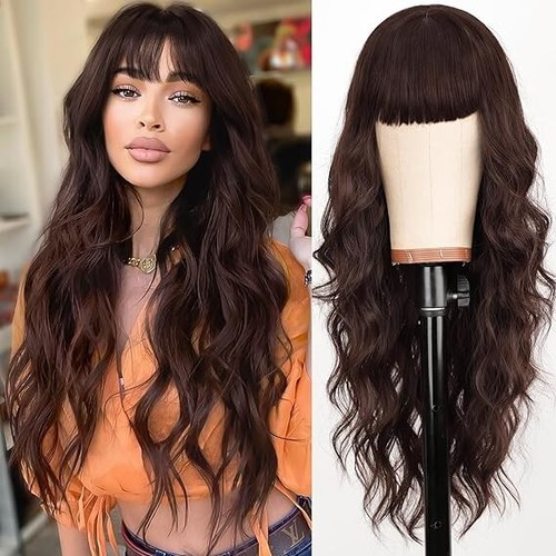 26IN - AISI HAIR BROWN WIG WITH BANGS LONG WAVY SYNTHETIC FOR WOMEN DAILY - Picture 13 of 18