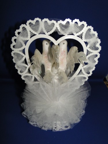 New Elegant Wedding Sparkling White Love Birds Cake topper / heart & bell #189 - Picture 5 of 7