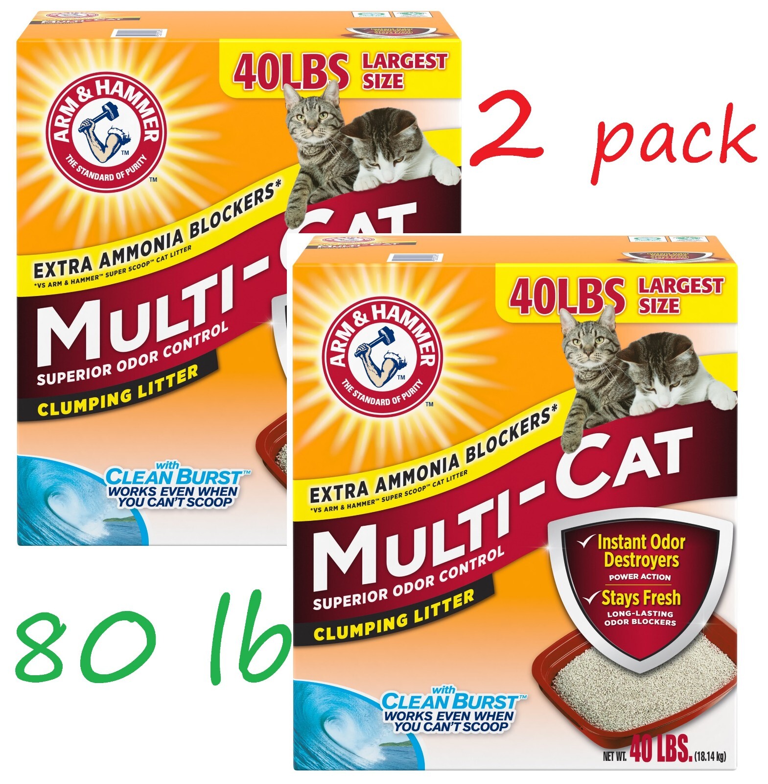 Arm & Hammer MultiCat Strength Clean Burst Clumping Litter, 80lb (2 x