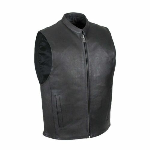 Mens Naked Leather Motorcycle Club Style Vest With Mandarin Stand Up Collar - Picture 1 of 7