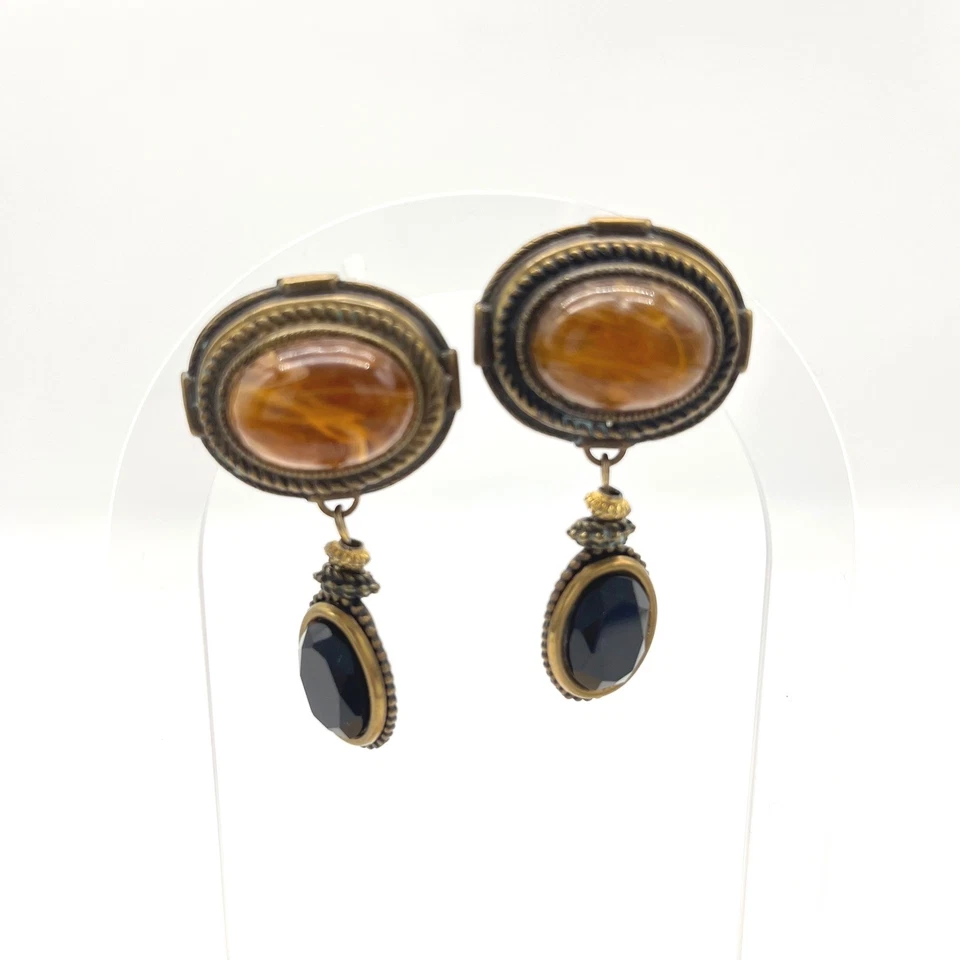 Pendientes de clip vintage ámbar y piedras preciosas negras ornamentadas colgantes Foto 3 de 4