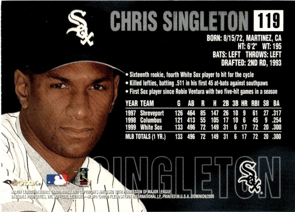2000 SkyBox Dominion Chris Singleton Chicago White Sox #119 - Image 2 of 2