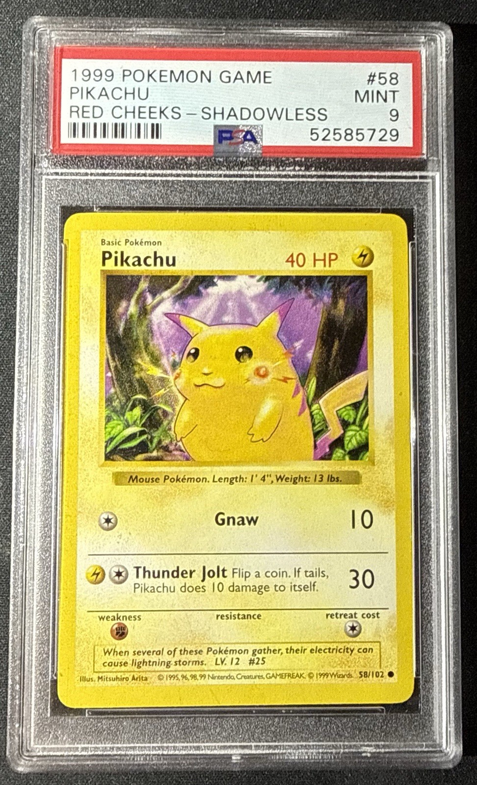 1999 Pokemon Base Set Shadowless Red Cheeks Pikachu 58/102 PSA 9