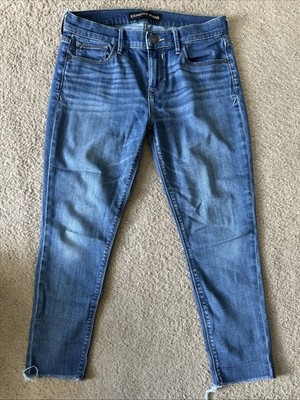 Women s Express Jeans Size 8S Mid Rise Ankle Legging Blue Raw Bottom 