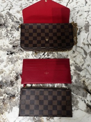 Louis Vuitton Damier Ebene Crossbody Bag Gold Chain Red Interior