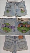 Vintage 1990s Levis 501 Custom TMNT Denim Cut Off Shorts 29 USA Graphic