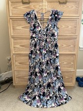 Loft Beach Floral Ruffle Sleeve Maxi Dress Blue Floral Coastal Size Small Petite