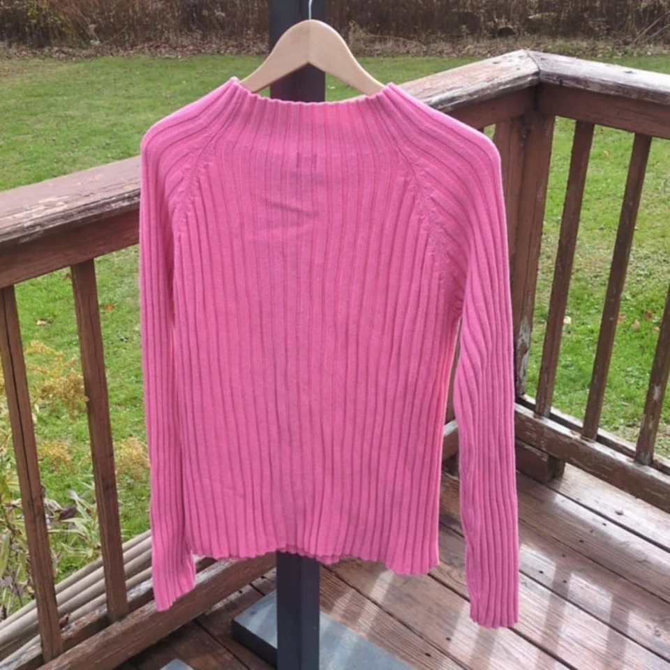 NY & Co Womens Sweater Sz XL Ribbed 100% Cotton Fitted Bright Hot Pink Cozy Warm - Image 2 of 4