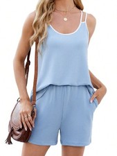 Women's Ribbed Lounge Set With Contrast Trim Sleeveless Top And Elastic Waist Sh