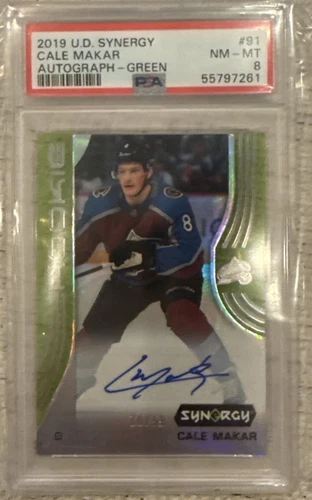 2019-20 Upper Deck Synergy Rookies Green /99 Cale Makar #91 Rookie Auto RC PSA 8