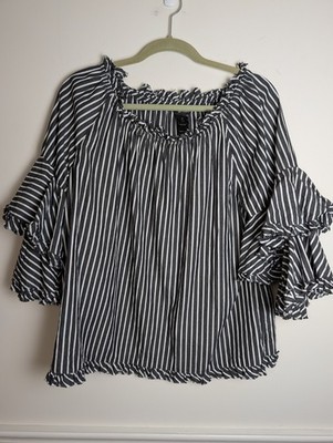 Ali Miles Top Peasant Blouse Black White Striped Ruffle Tiered Bell Sleeve Med