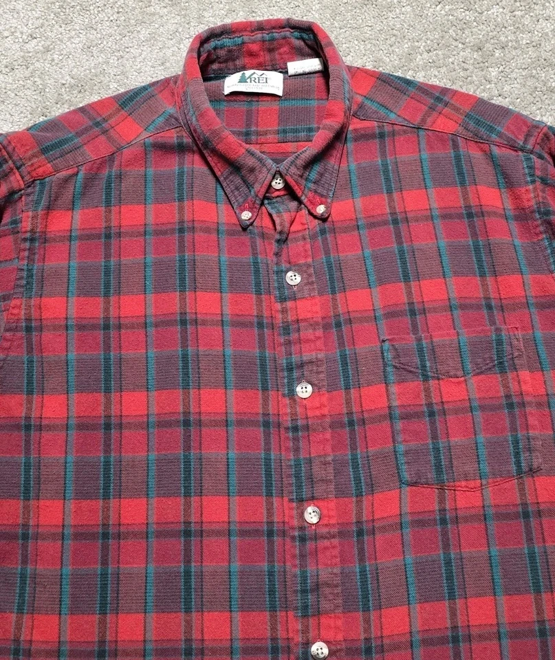 90-е винтажная мужская футболка REI L красно-зеленая клетчатая фланелевая на пуговицах сделано в США для улицы - Изображение 3 из 4