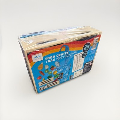 New 2025 ALDI Play Cutting Food, Wooden Crates & Shopping Bag Set - 28 Pieces