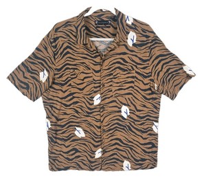 AllSaints Men's M Relaxed Fit Lazaro S/S Shirt Tiger Stripes w/Scattered Leaves