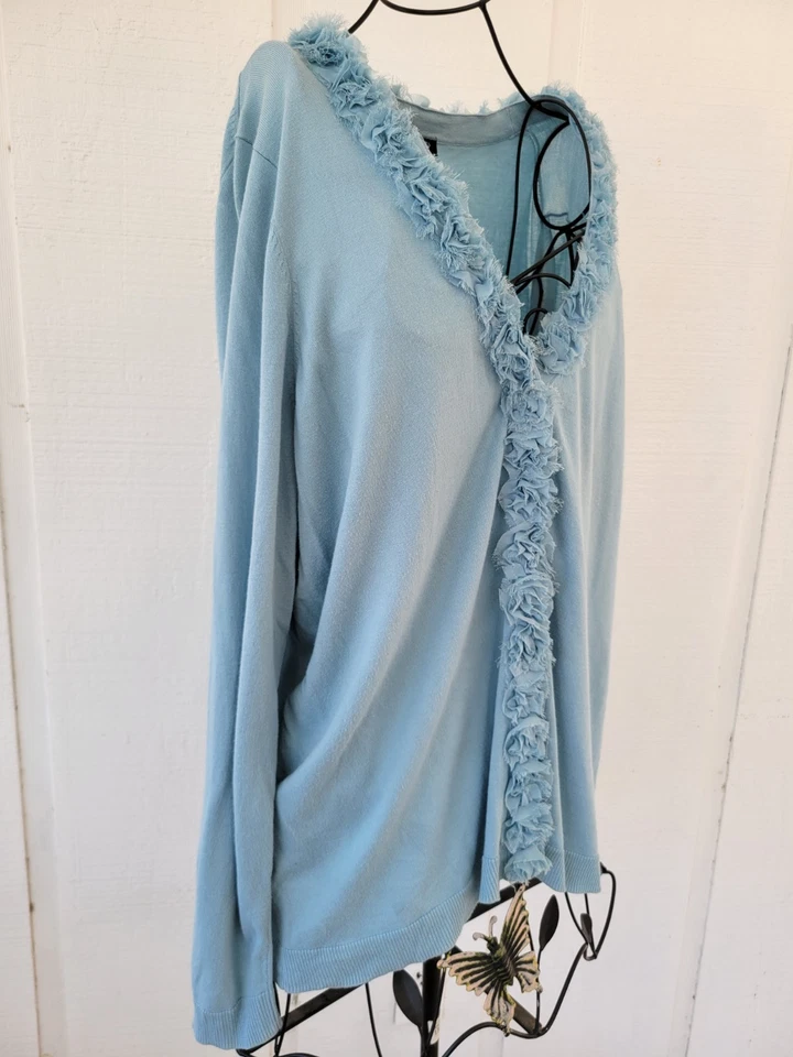 Talbots 2X Cardigan Sweater Flower Trim Blue Ruffle Chiffon Soft Knit V Neck - Image 3 of 4