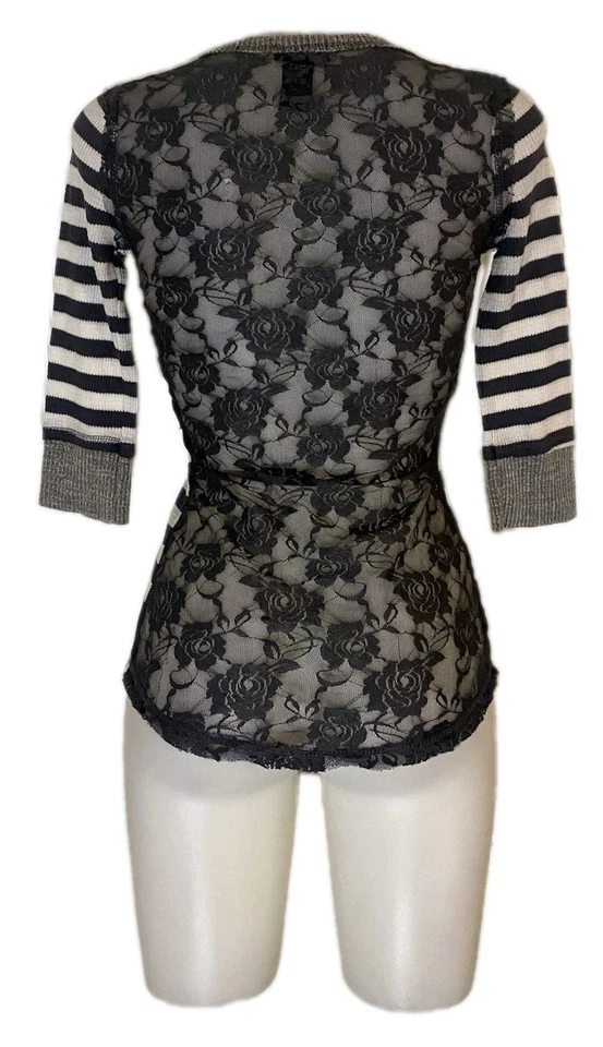 Y2K 90s Wet Seal Sz M Womens White Stripe Lace Henley Top Bella Swan Grunge Goth - Image 3 of 4