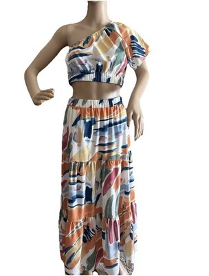 Colorful 2 Piece Combo Cropped One Sleeve Top & Ruffled Skirt SHEIN Size Medium