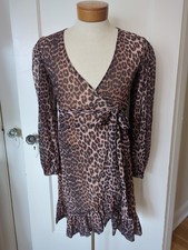 NWT GANNI Women's Tilden Mesh Wrap Dress Leopard Long Sleeve Size 38 Medium M