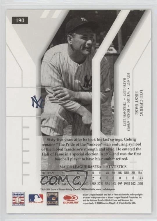 2004 Donruss Elite Turn of the Century /250 Lou Gehrig #190 HOF - Image 2 of 2