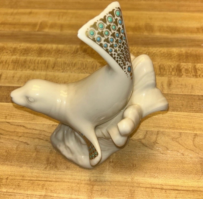Lenox Andrea by Sadek Porcelain Seal Figurine Gold Turquoise Accents Collectible