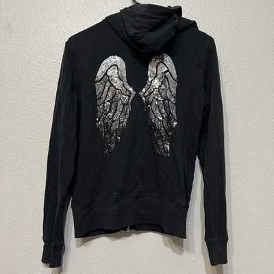 Victoria s Secret Black Ombré Silver Sequin Angel Wings Zip up Sweatshirt Medium