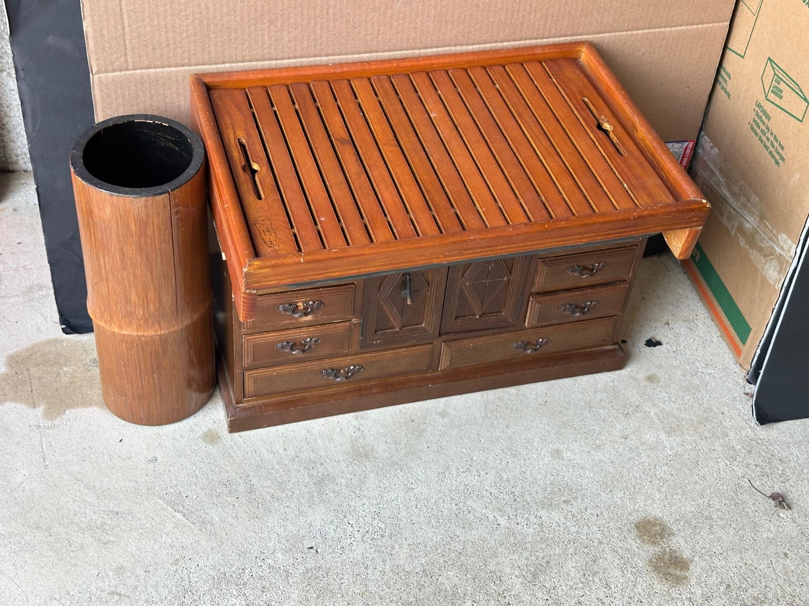 Vintage Chinese-Style Bamboo Gongfu Tea Tray & Brush Pot Holder Set