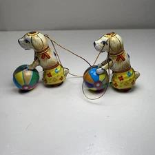 Vintage ZZ Germany Tin Dog Rolling Ball, Ornament Toy 3" Tall X2 Set Of 2