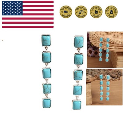 Boho Turquoise Oval Drop Dangle Earrings for Women Beaded Western Flower Tear...