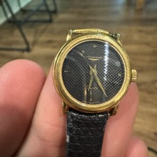 Vintage Longines Watch Quartz Women's Gold Dial Black Face Swiss Made Round -BUB