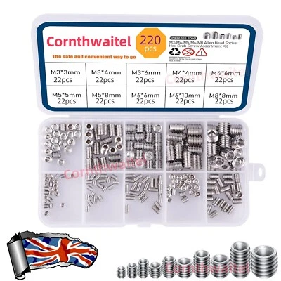 220pcs Stainless Steel Allen Head Socket Hex Set Grub Screw Assortment Cup Point