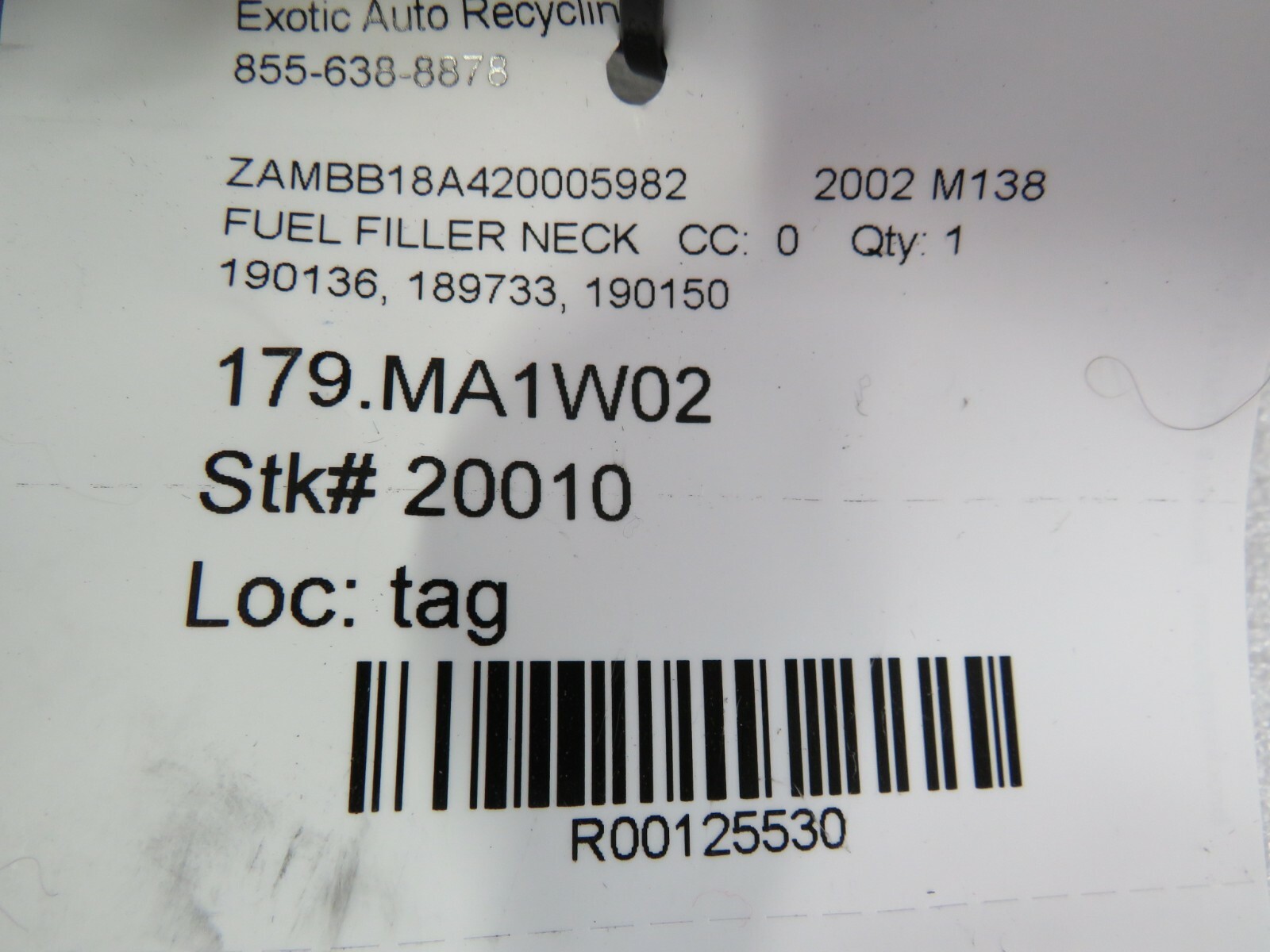 Maserati M138 Spyder, Fuel Filler Neck, Used, P/N 190136, 189733, 190150