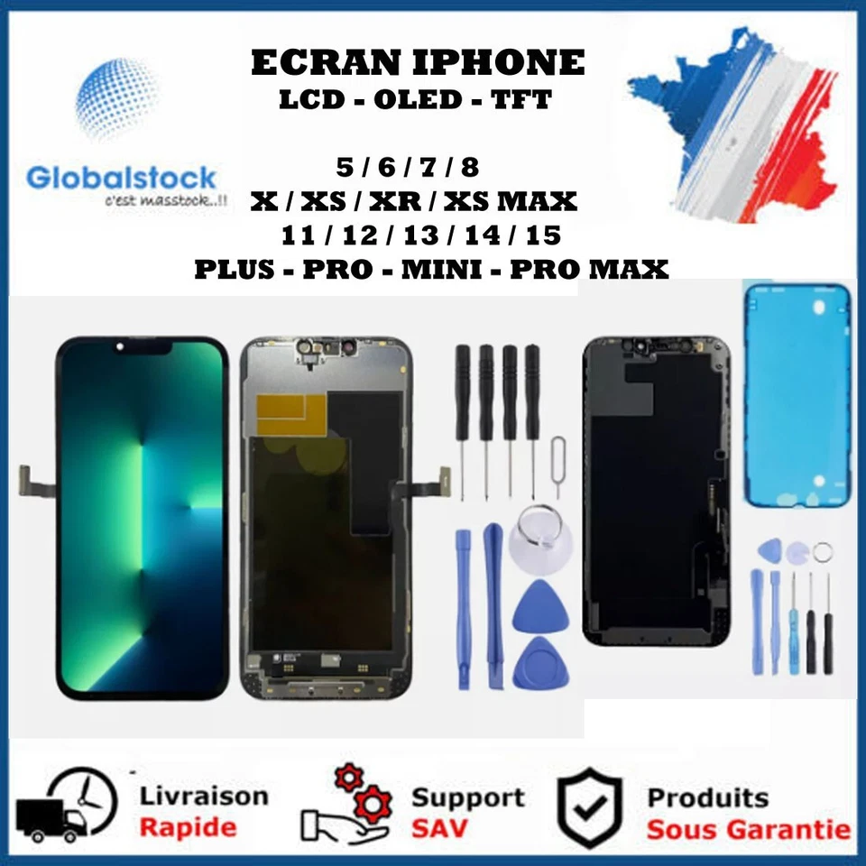 GLOBALSTOCK ECRAN LCD OLED POUR IPHONE 5/6/7/8/X/11/12 /13/14 PRO/15/16 MINI PRO MAX+ OUTILS