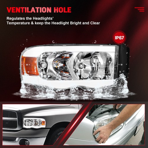 For 2002-2005 Dodge Ram Pickup Chrome Housing Headlights W/LED DRL Left+Right - Picture 5 of 8