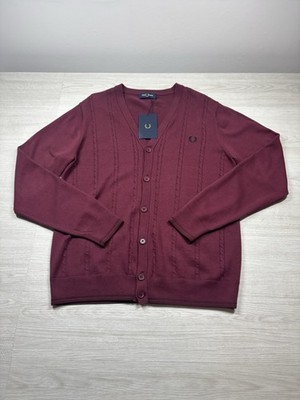 Fred Perry Cardigan Cable Knit Burgundy Size Medium Brand New With Tags