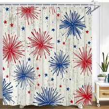 Patriotic Fireworks Shower Curtain with Hooks Red White Blue Stars