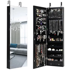 Mirrored Wall & Door Mounted Jewelry Cabinet Storage Organizer W/ Lights&Drawer