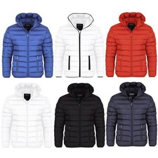 Mens Plain Black Hooded Quilted Puffer Jacket Zip Pockets Winter Padded Coat